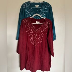 STYLE & CO - Lot of 2 Embroidered Tunic Shirts - Women's Plus Size 1X Blue/Red